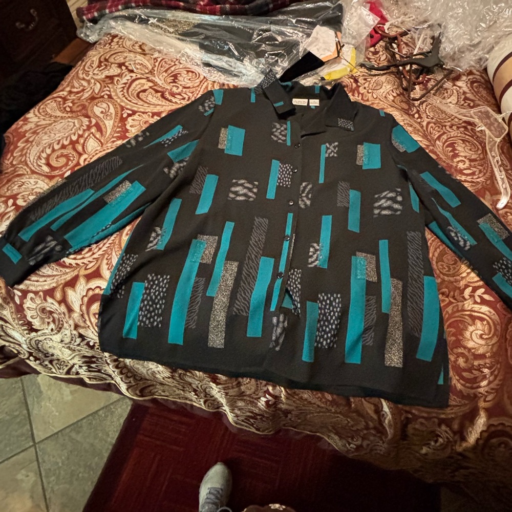 Allison Daley Black Jacket with Teal Geometric Stripes